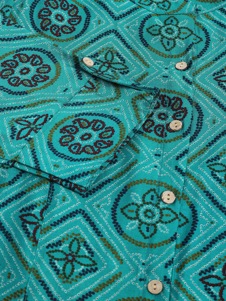 Divena Turquoise Blue Printed Muslin Fold Sleeve top