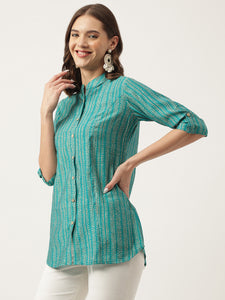 Divena Teal Blue Printed Muslin Fold Sleeve top