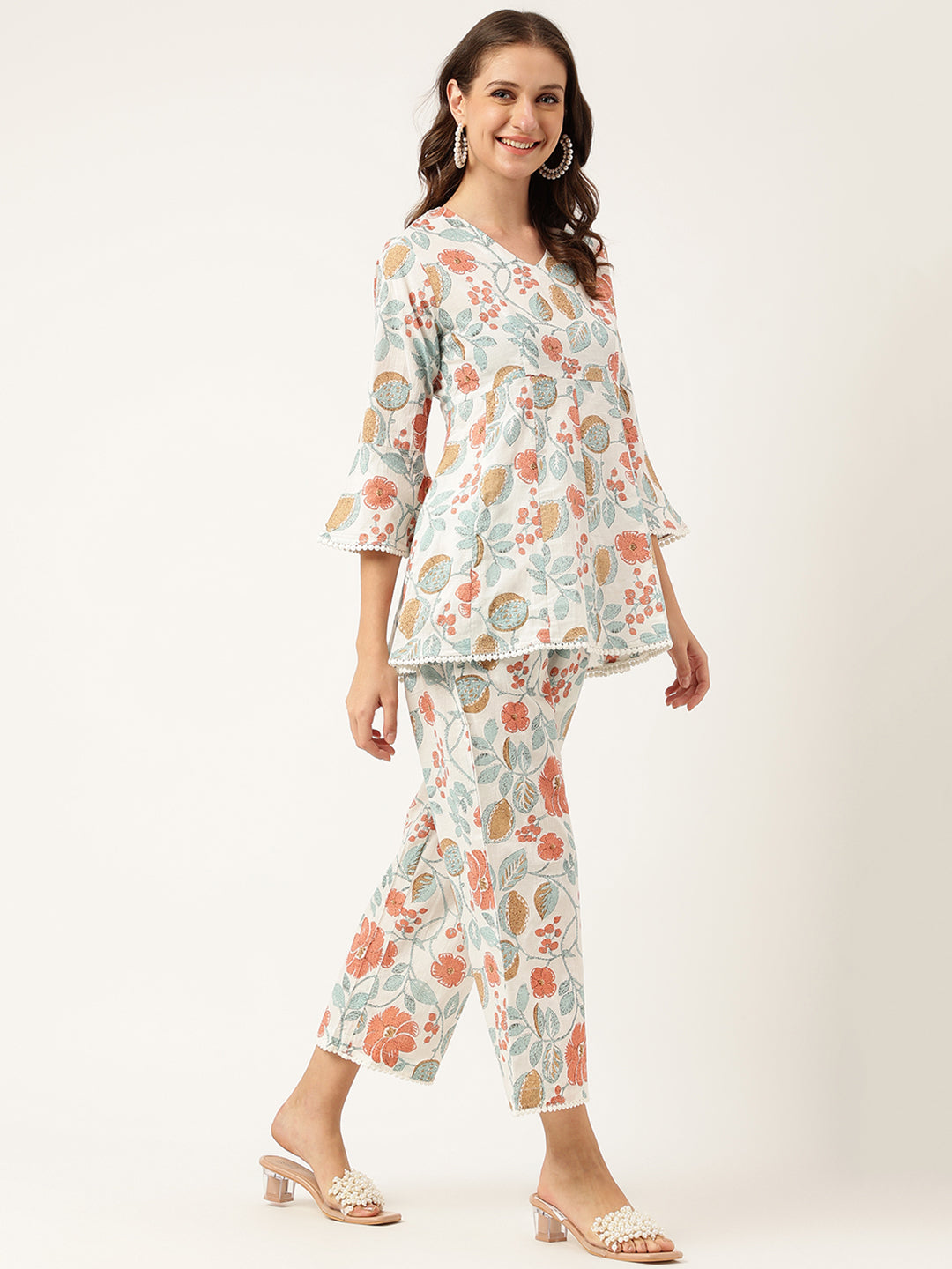 Divena Women Floral Printed Pure Cotton Tunic With Trousers