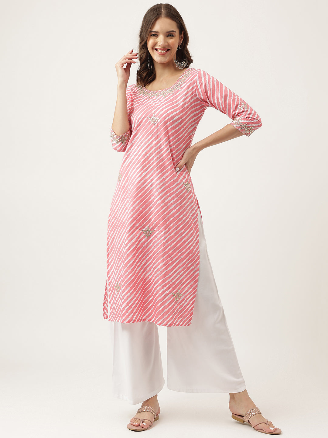 Stripe Print with Gota work cotton Straight Kurta — view 1