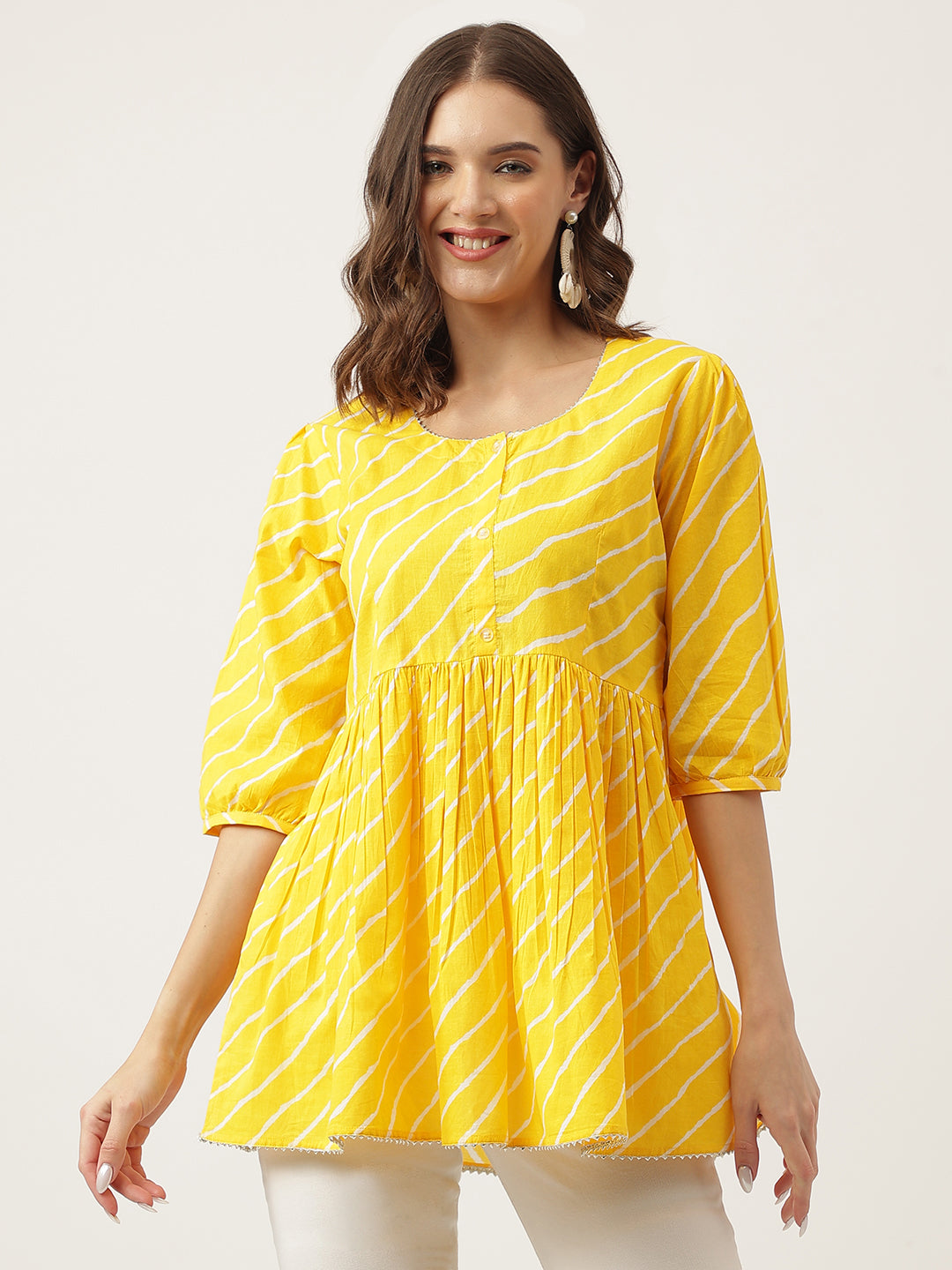 Stripe Printed Yellow Regular Cotton Top — view 1