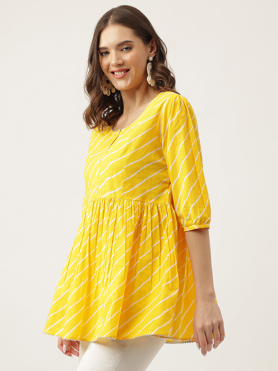 Divena Stripe Printed Yellow Regular Cotton Top