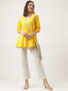 Divena Stripe Printed Yellow Regular Cotton Top