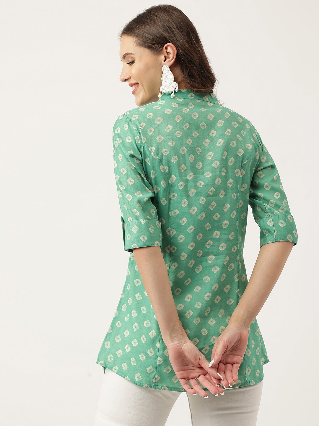 Divena See green Bandhani Printed Muslin Fold Sleeve top