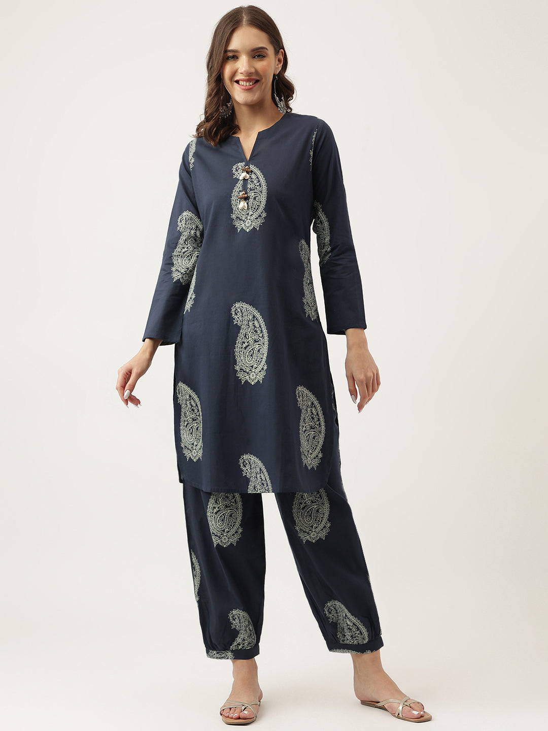 Navy Cotton Paisley Print Kurta Hem Cuffed Pant set — view 1