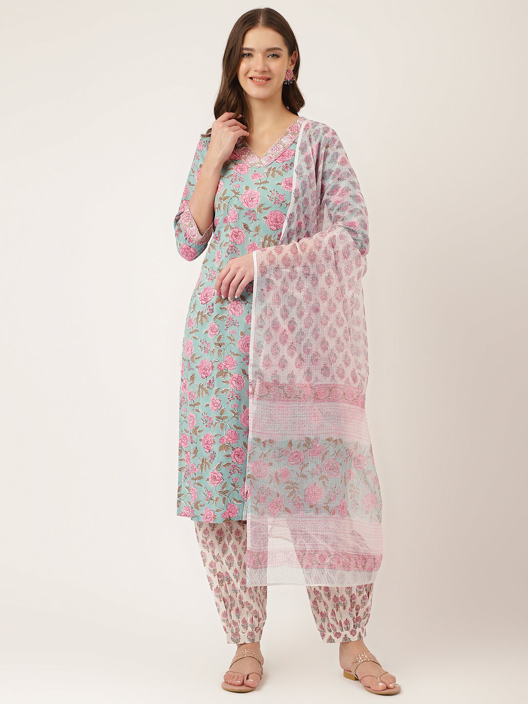 Blue Hand Block Floral Print Cotton Kurta, Salwar With Dupatta — view 1