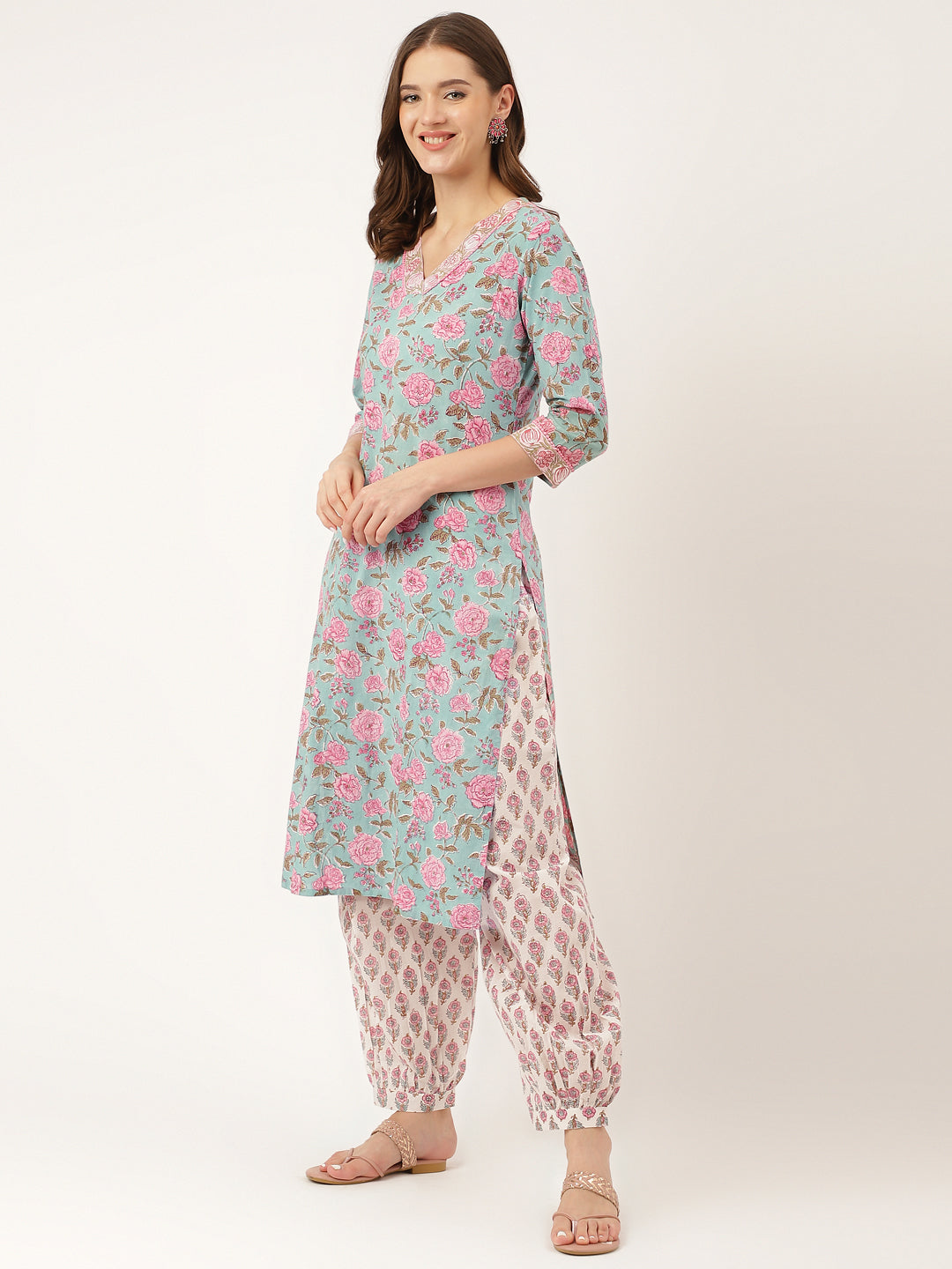 Divena Blue Hand Block Floral Print Cotton Kurta, Salwar With Dupatta