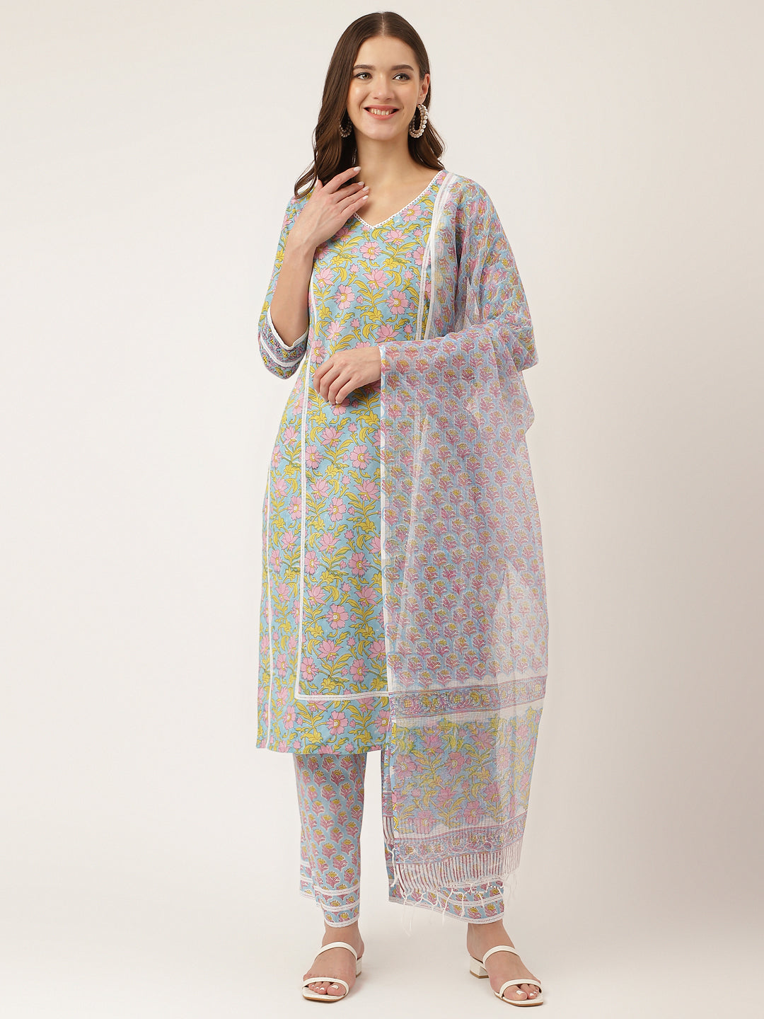 Blue Hand-Block Floral Print Cotton Kurta, Trouser & Dupatta — view 1
