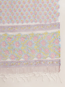 Divena Blue Hand-Block Floral Print Cotton  Kurta, Trouser & Dupatta