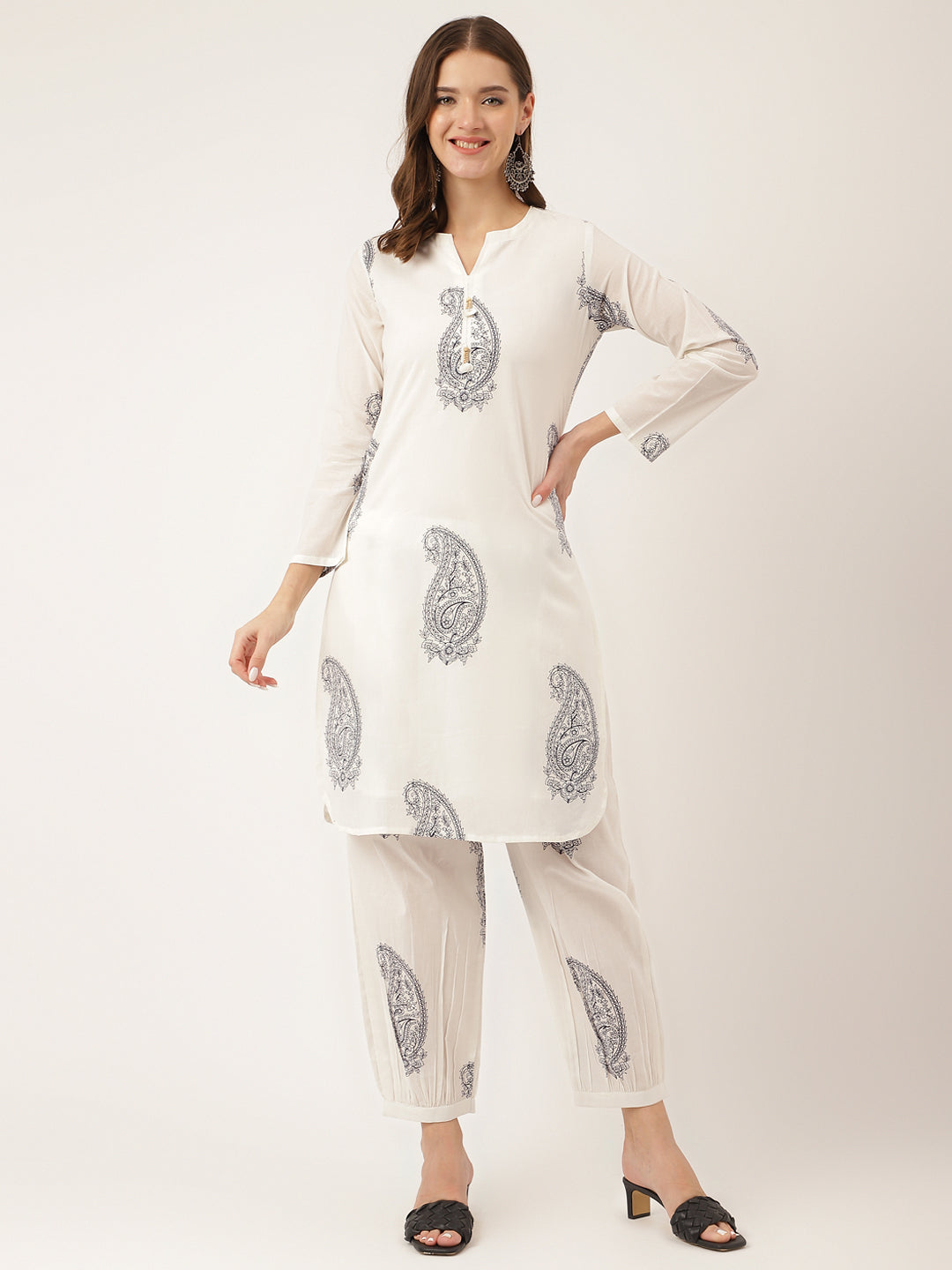 White Paisley Print Cotton Co-ord Set with Mulmul Cotton Lining — view 1
