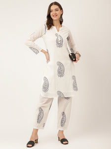 Divena White Paisley Print Cotton Co-ord Set with Mulmul Cotton Lining