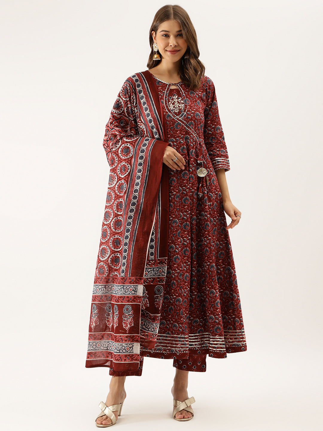 Maroon Floral Printed Cotton Anarkali Kurta Set with Dupatta — view 1