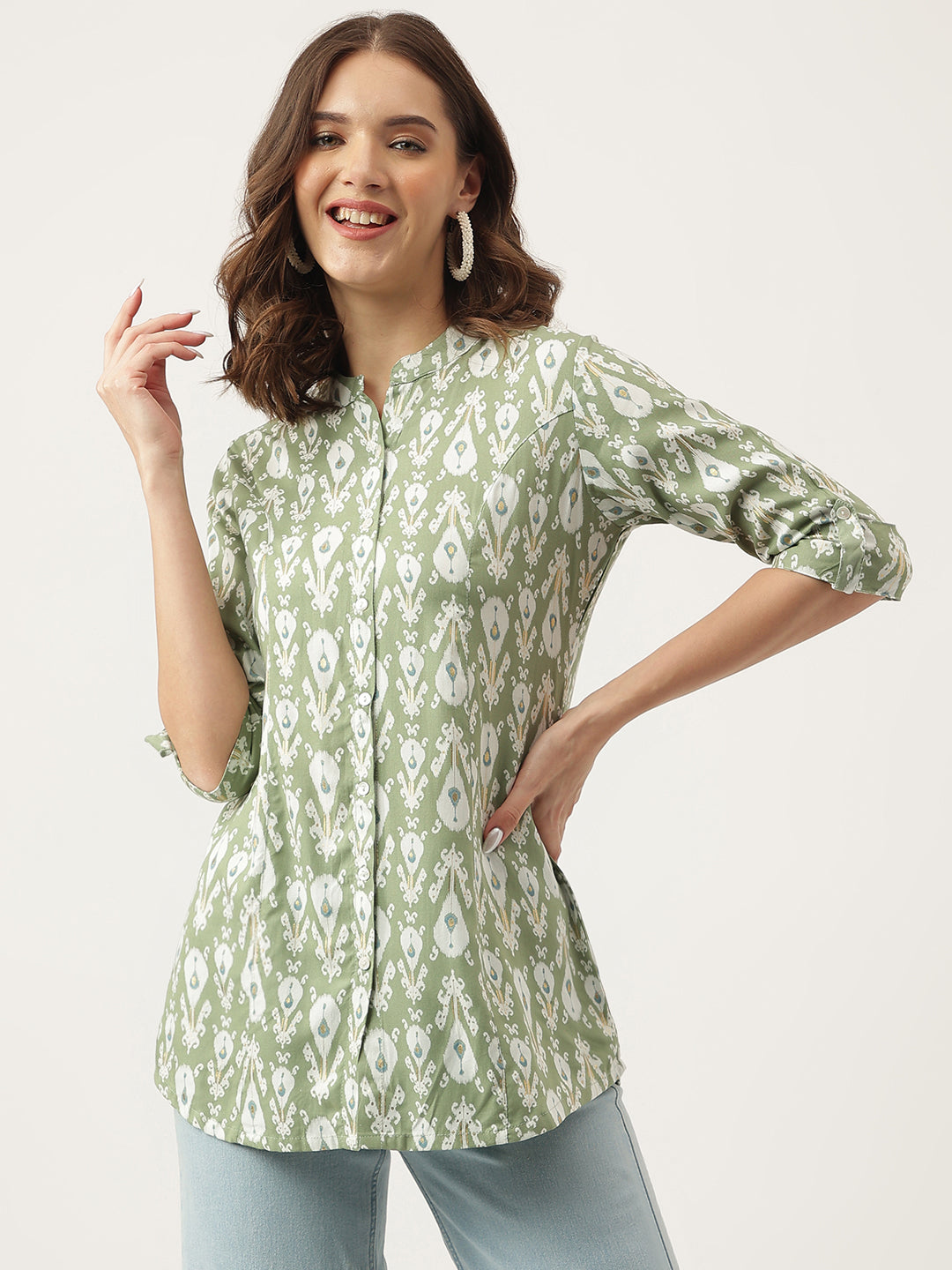 Divena Green & White Floral Foil Printed Rayon Shirt Style Top