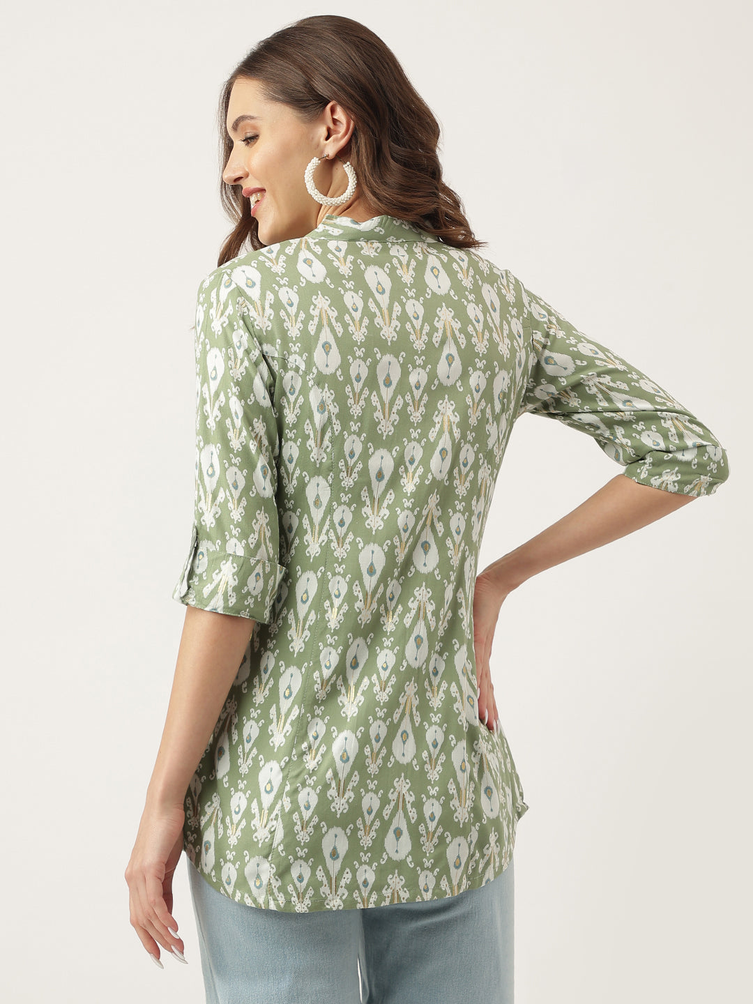 Divena Green & White Floral Foil Printed Rayon Shirt Style Top