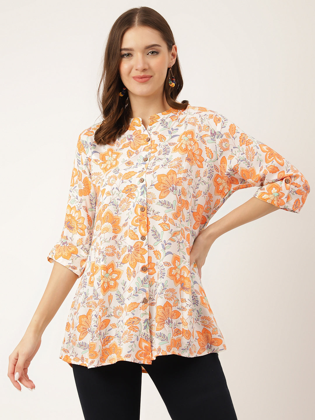 Orange Floral Print Rayon Regular Top — view 1