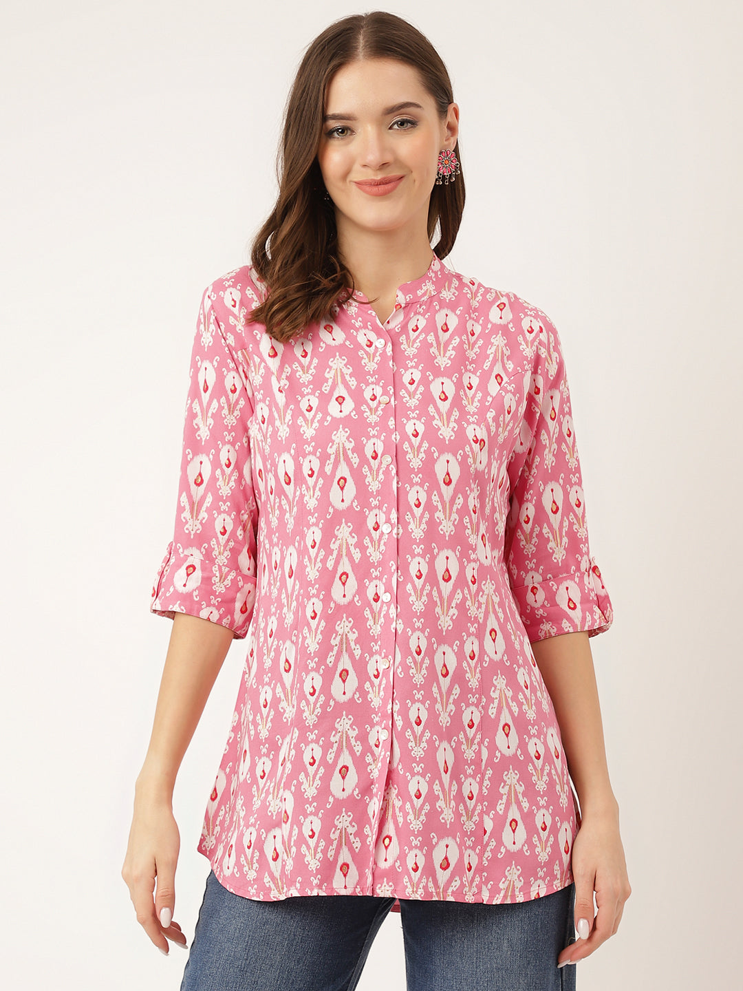 Pink Floral Print Rayon Regular Top — view 1