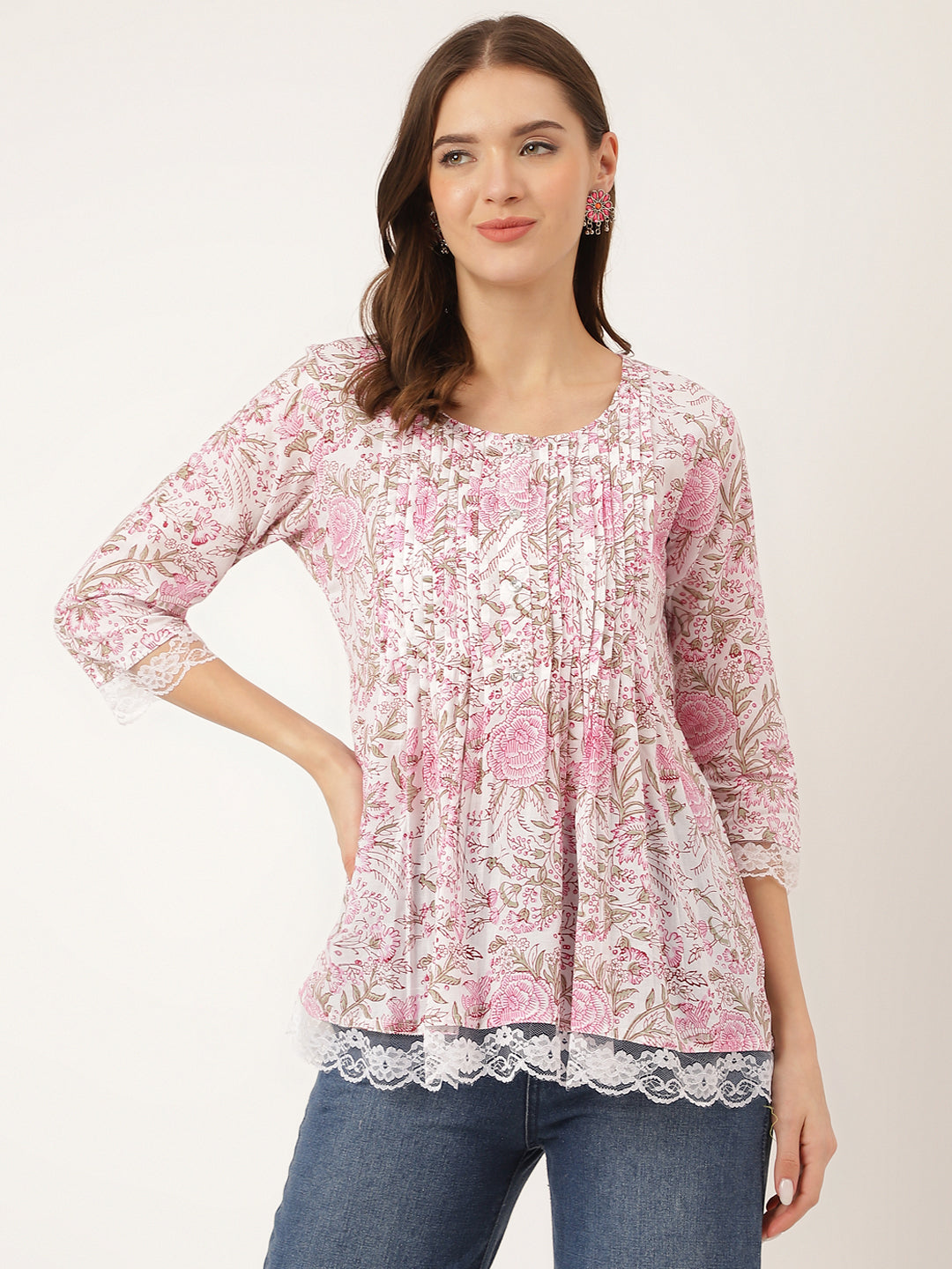 Pink Floral Print Cotton Peplum Top with Pintuck Detailing — view 1
