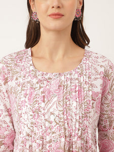 Divena Pink Floral Print Cotton Peplum Top with Pintuck Detailing