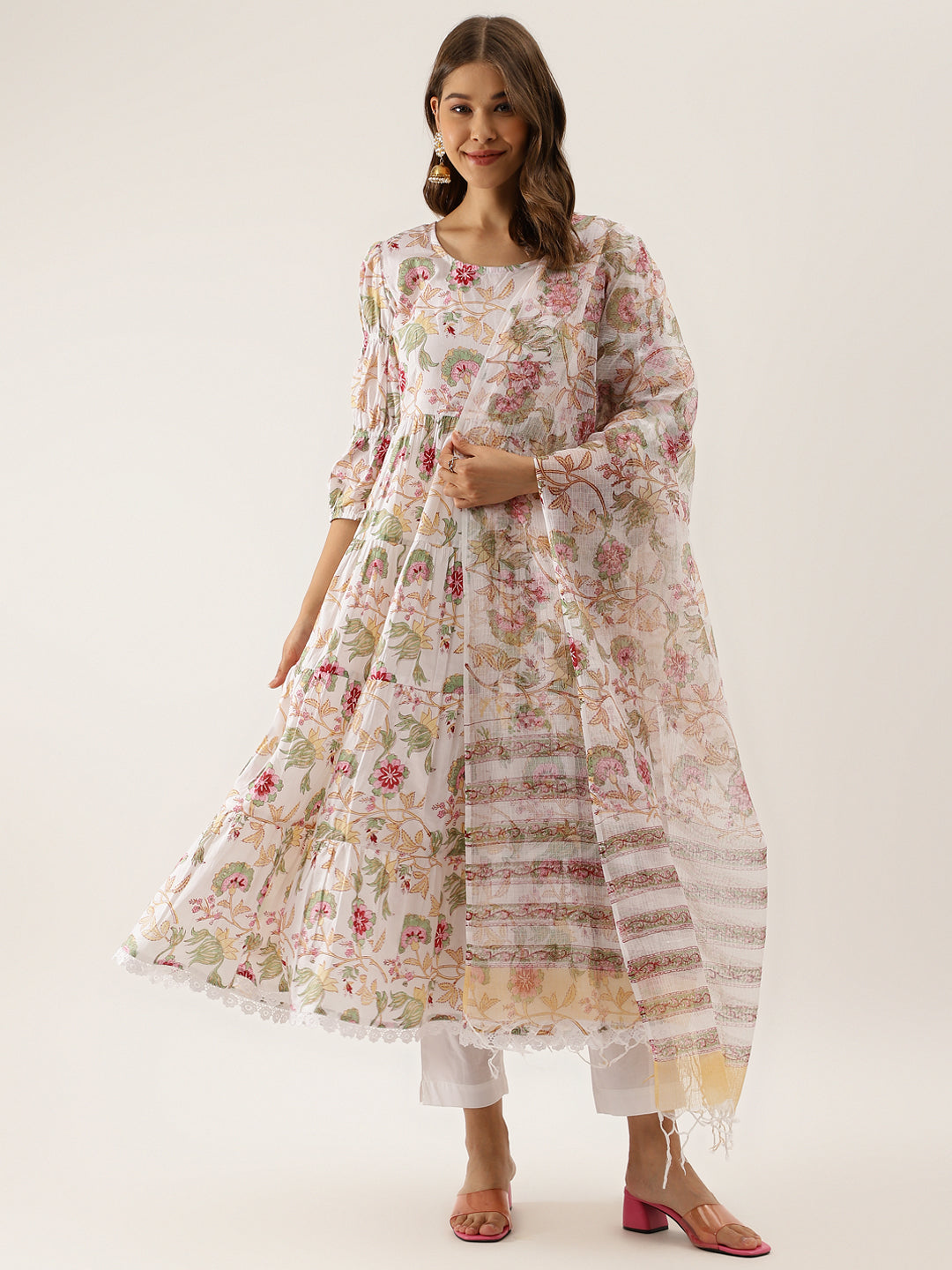 White Handblock Floral Printed Cotton Anarkali Kurta Set with Kota Doria Dupatta — view 1