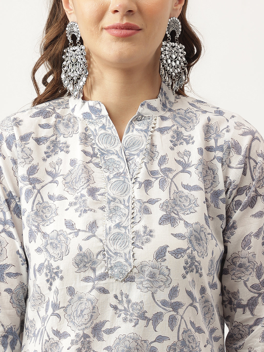 Divena Sky Blue Floral HandBlock Printed Cotton Straight Kurta, trousers with Dupatta Set