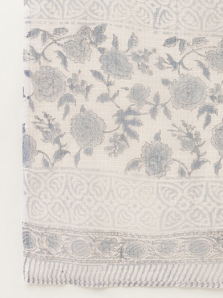 Divena Sky Blue Floral HandBlock Printed Cotton Straight Kurta, trousers with Dupatta Set