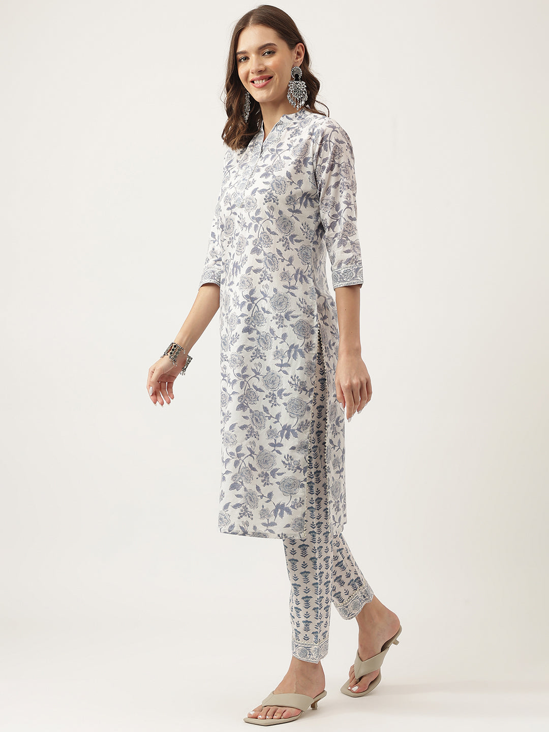 Divena Sky Blue Floral HandBlock Printed Cotton Straight Kurta, trousers with Dupatta Set