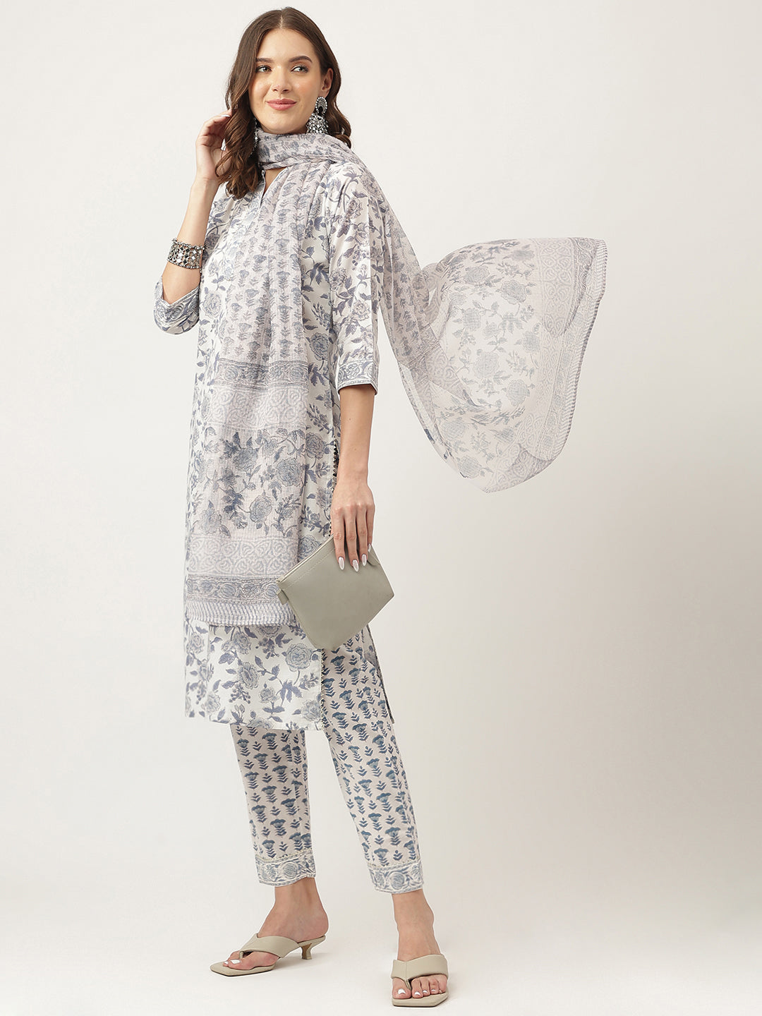 Sky Blue Floral HandBlock Printed Cotton Straight Kurta, trousers with Dupatta Set — view 1