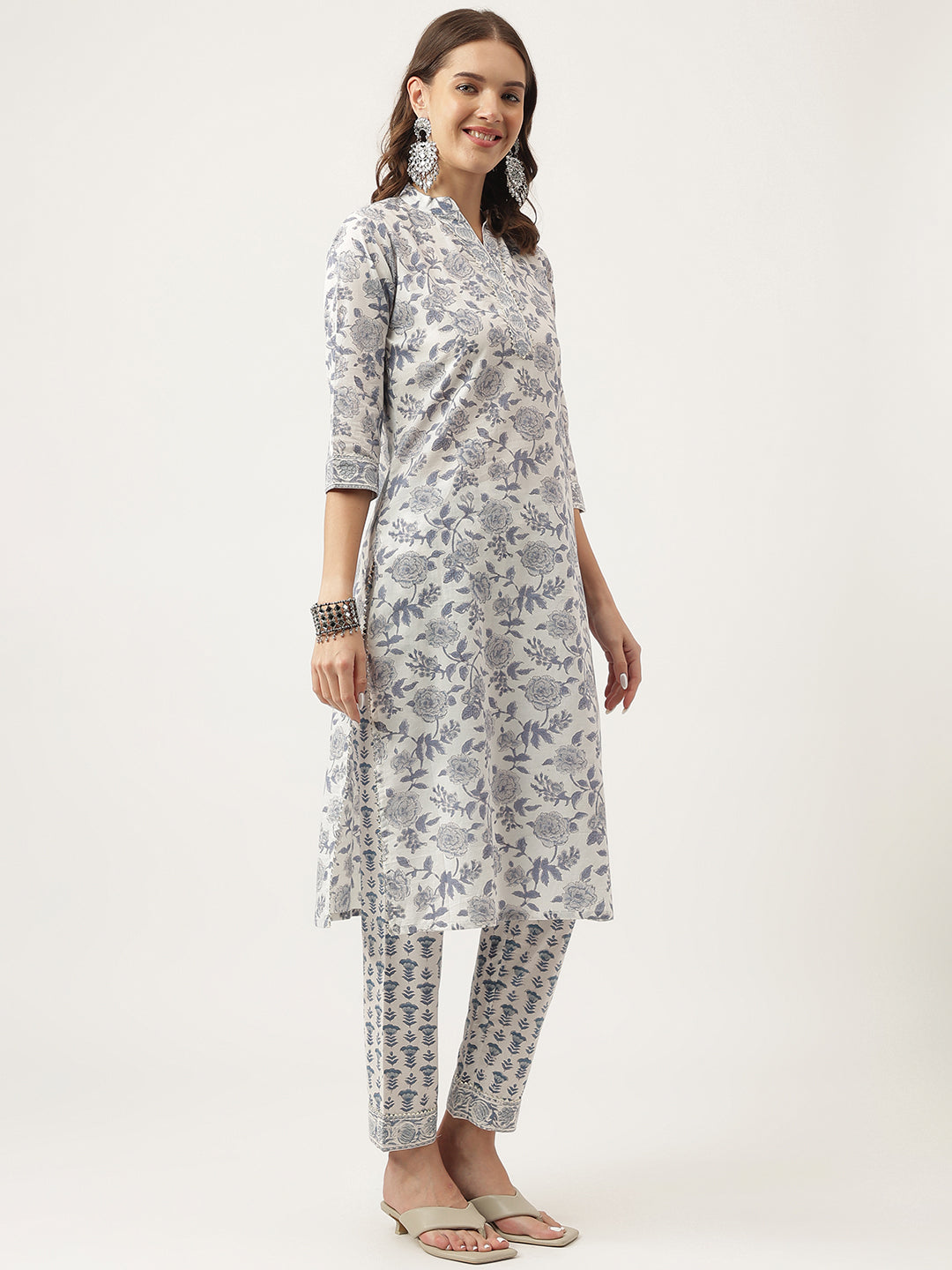 Divena Sky Blue Floral HandBlock Printed Cotton Straight Kurta, trousers with Dupatta Set