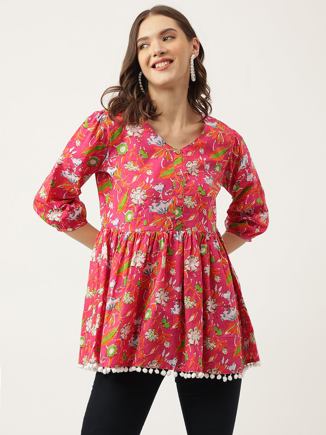 Pink Floral Printed Cotton Peplum Fit Top — view 1