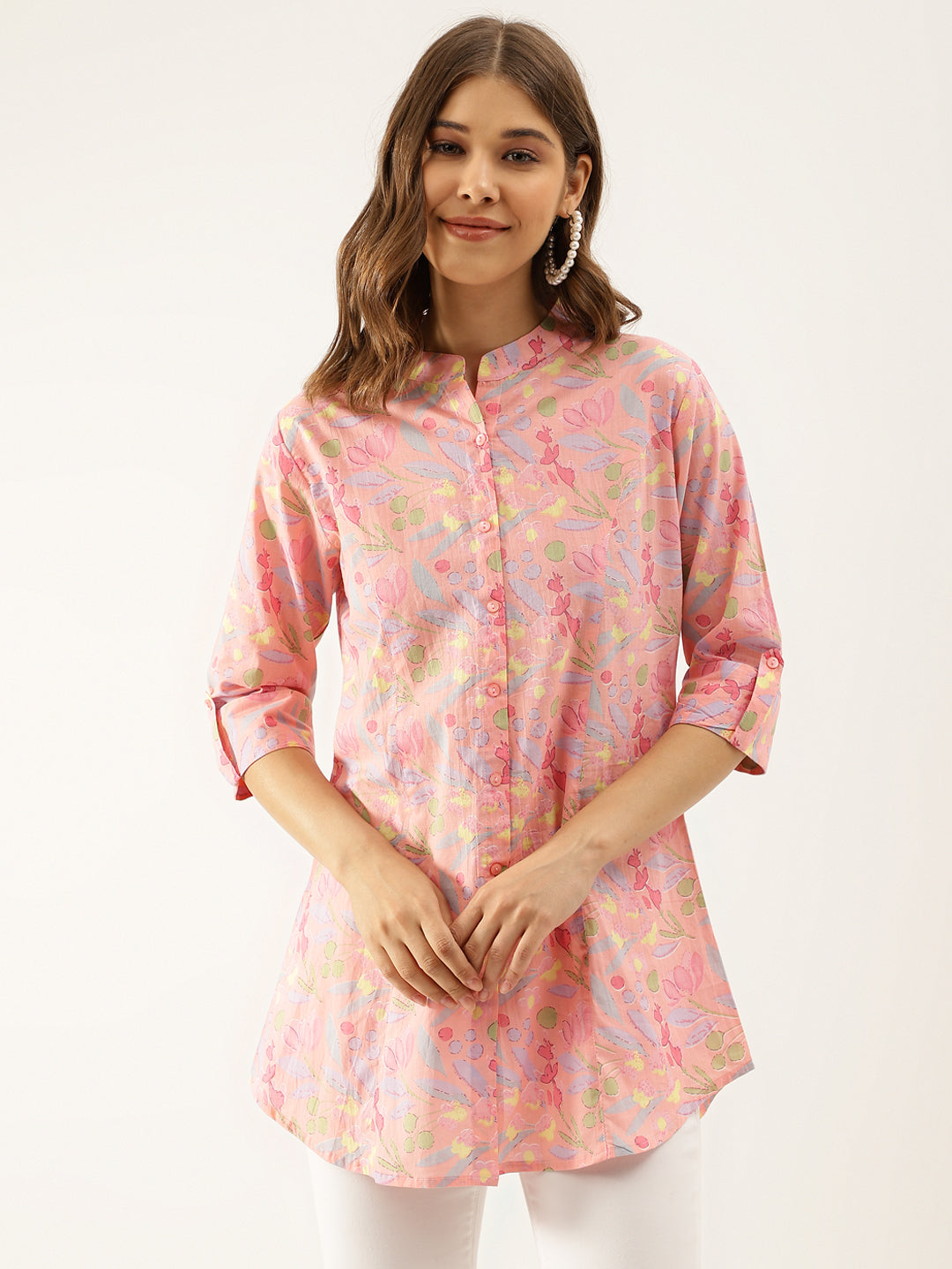 Pink Multi Colored Floral print Cotton Regular Top — view 1