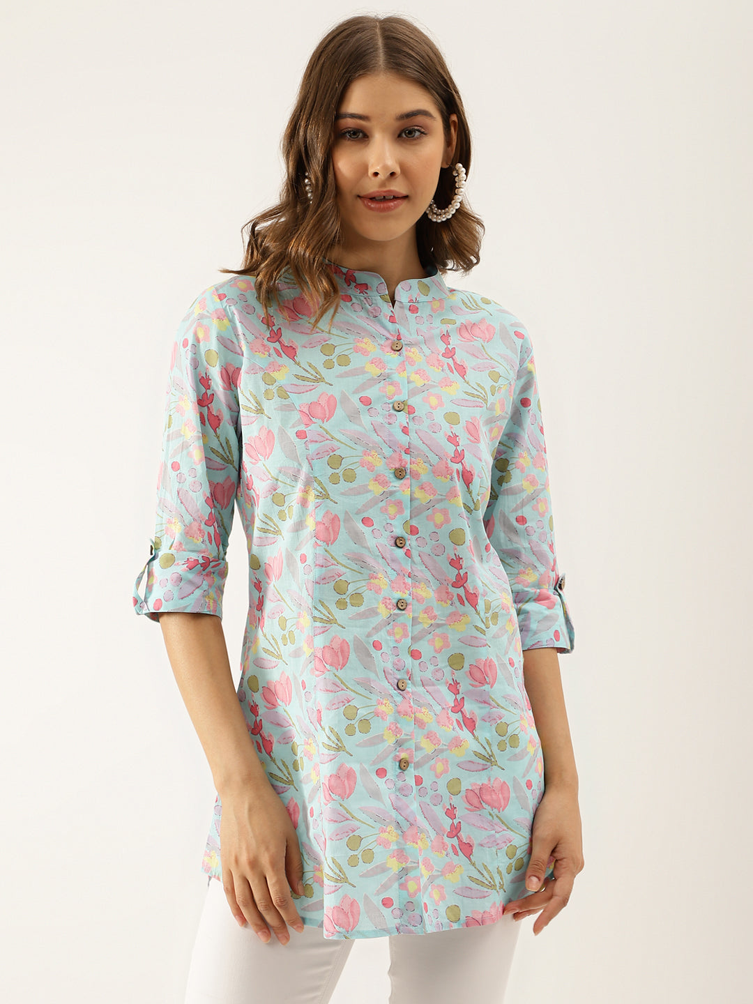 Sky Blue Printed Cotton Regular Fit Top — view 1