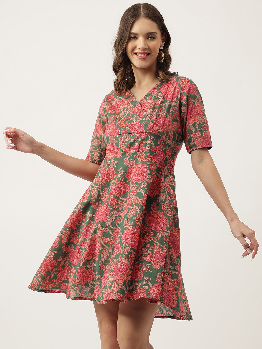 Grey Pink Floral Printed Cotton Fit & Flare Mini Dress — view 1
