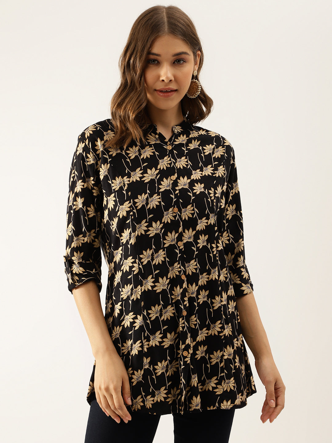 Black Floral Printed Rayon Shirt type Top for Women — view 1