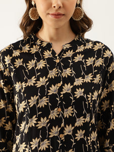 Divena Black Floral Printed Rayon Shirt type Top for Women
