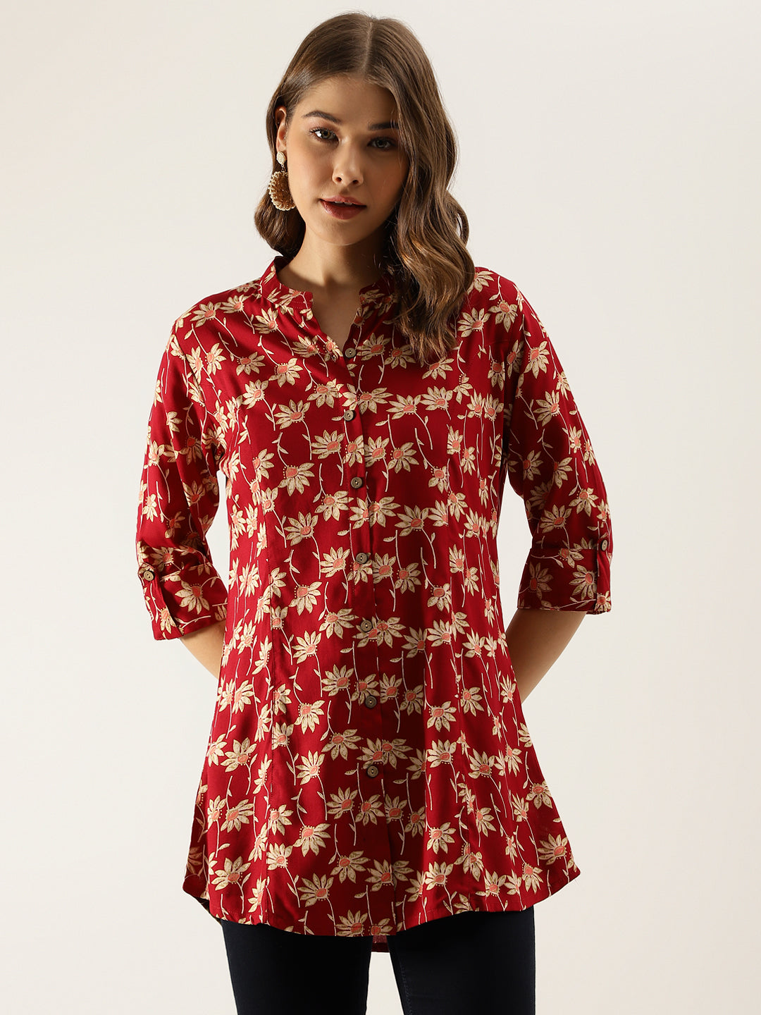 Maroon Floral Printed Rayon Shirt type Top for Women — view 1