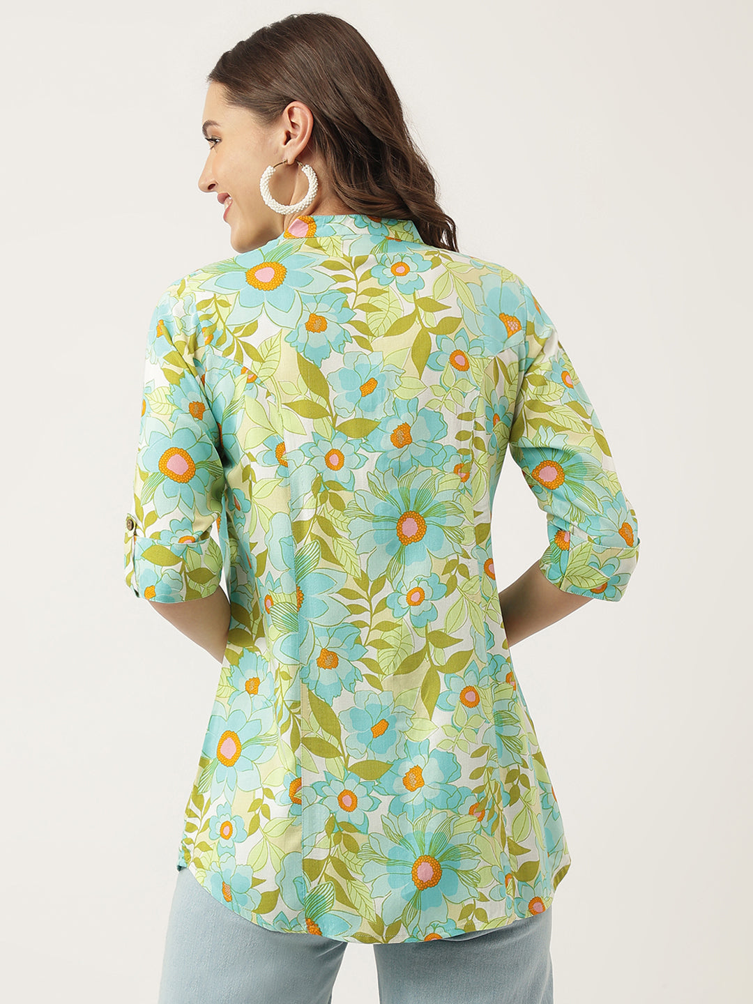 Divena Green Floral Printed Rayon Shirt Style Top