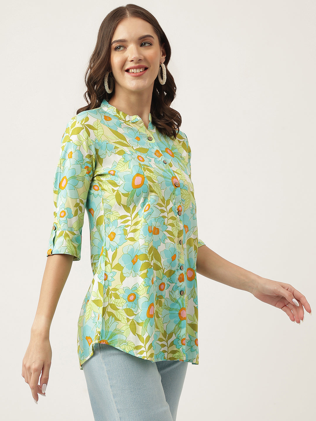 Divena Green Floral Printed Rayon Shirt Style Top