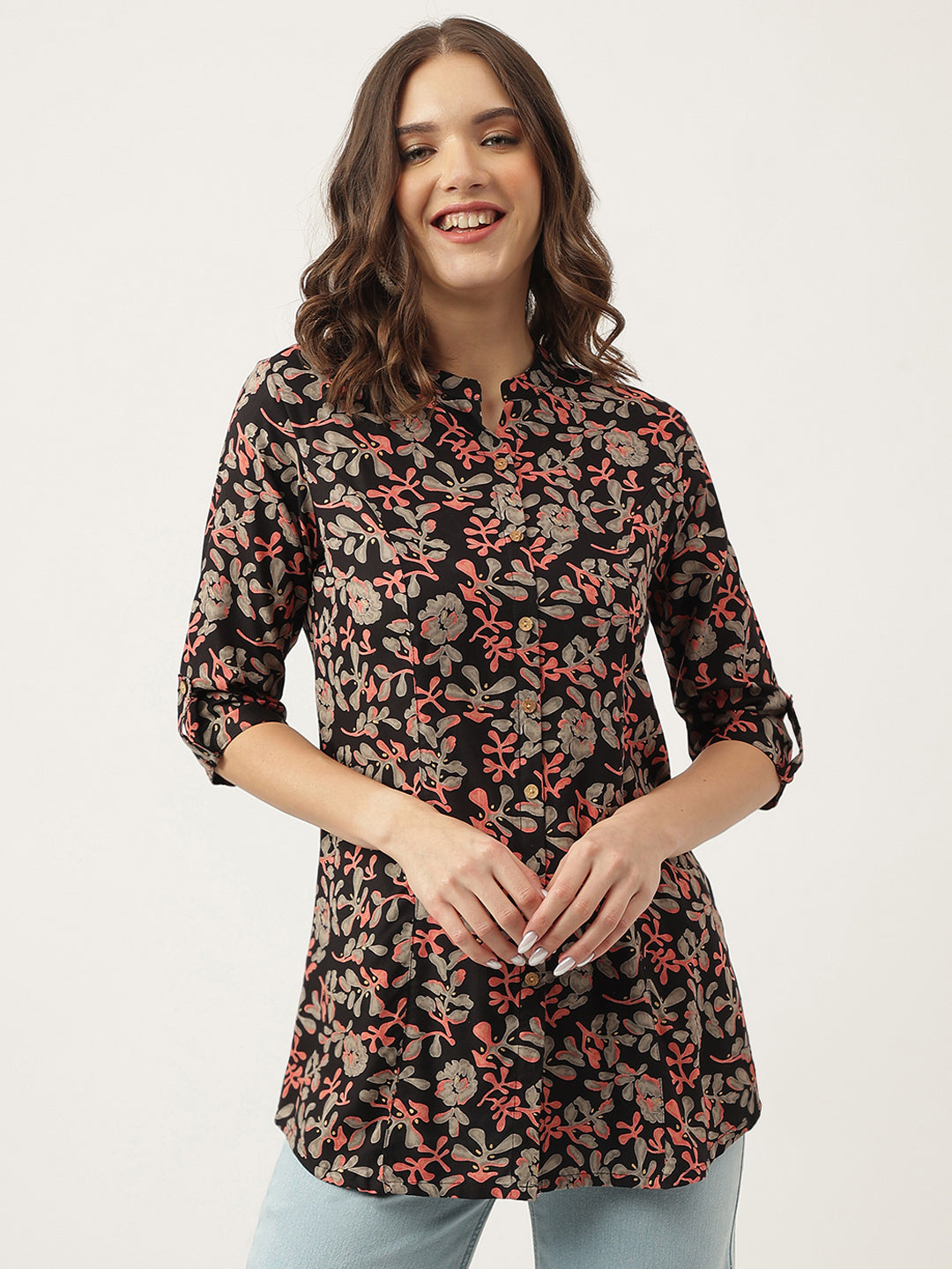 Black Floral Printed Rayon Shirt Style Top — view 1