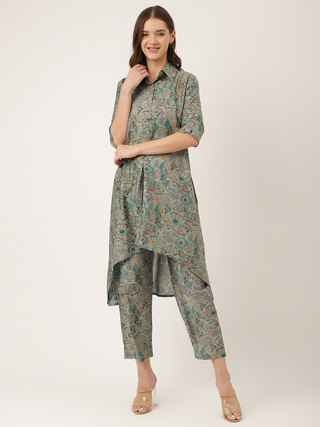 Blue & Green Foil Printed Chanderi Co-ord Set — view 1