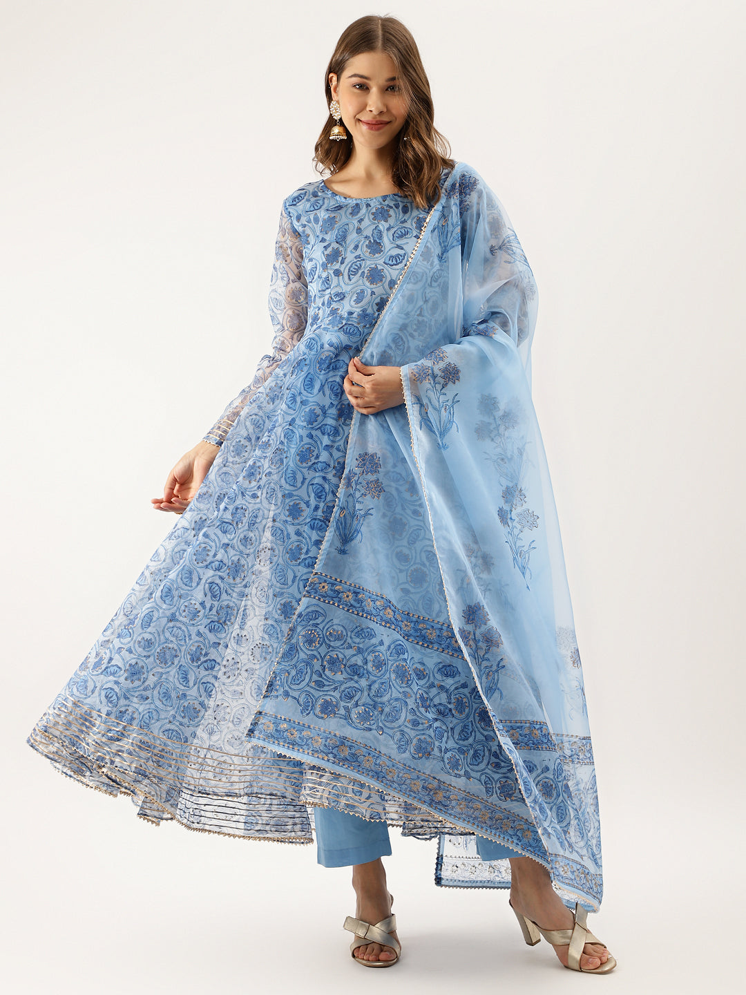 Sky Blue Floral Printed Organza Anarkali Kurta Dupatta Set with Cotton Lining — view 1