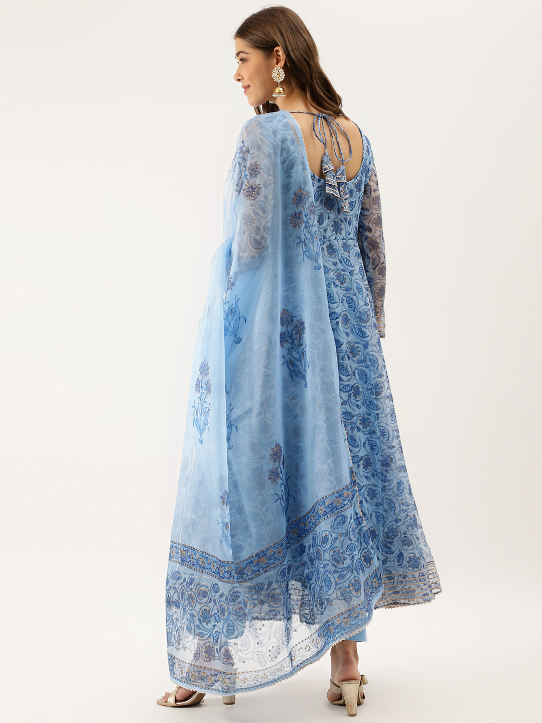 Sky Blue Floral Printed Organza Anarkali Kurta Dupatta Set with Cotton Lining