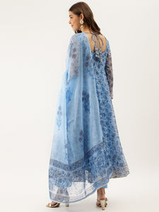 Sky Blue Floral Printed Organza Anarkali Kurta Dupatta Set with Cotton Lining