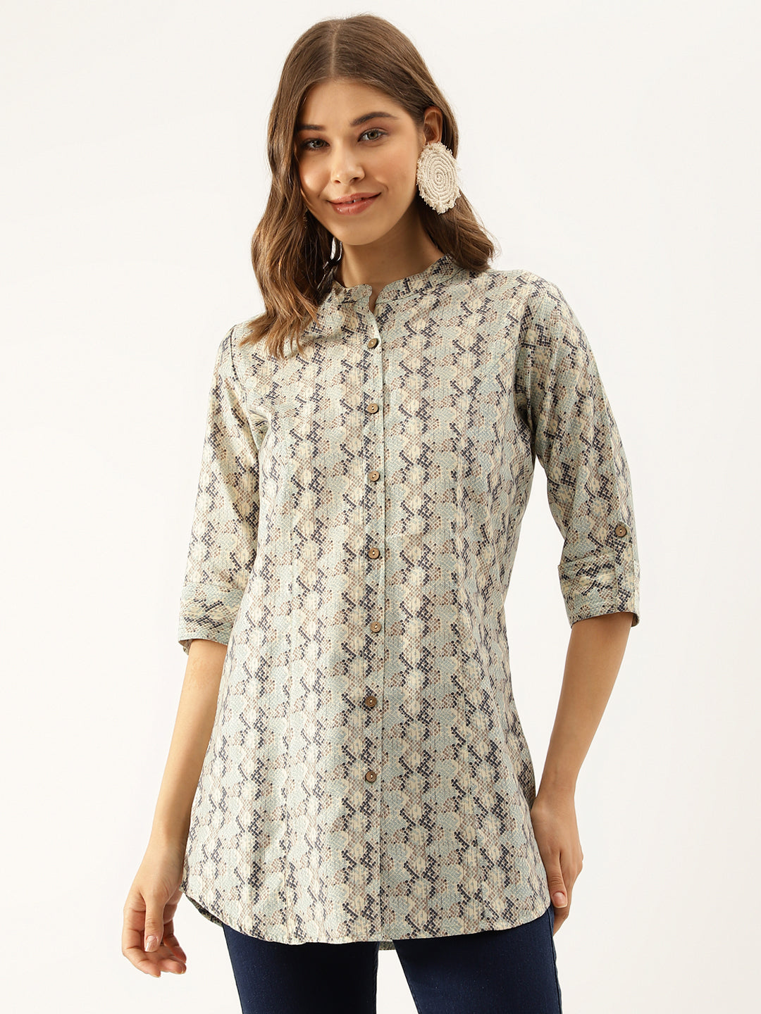 Sea Green Printed Chanderi Regular Top — view 1