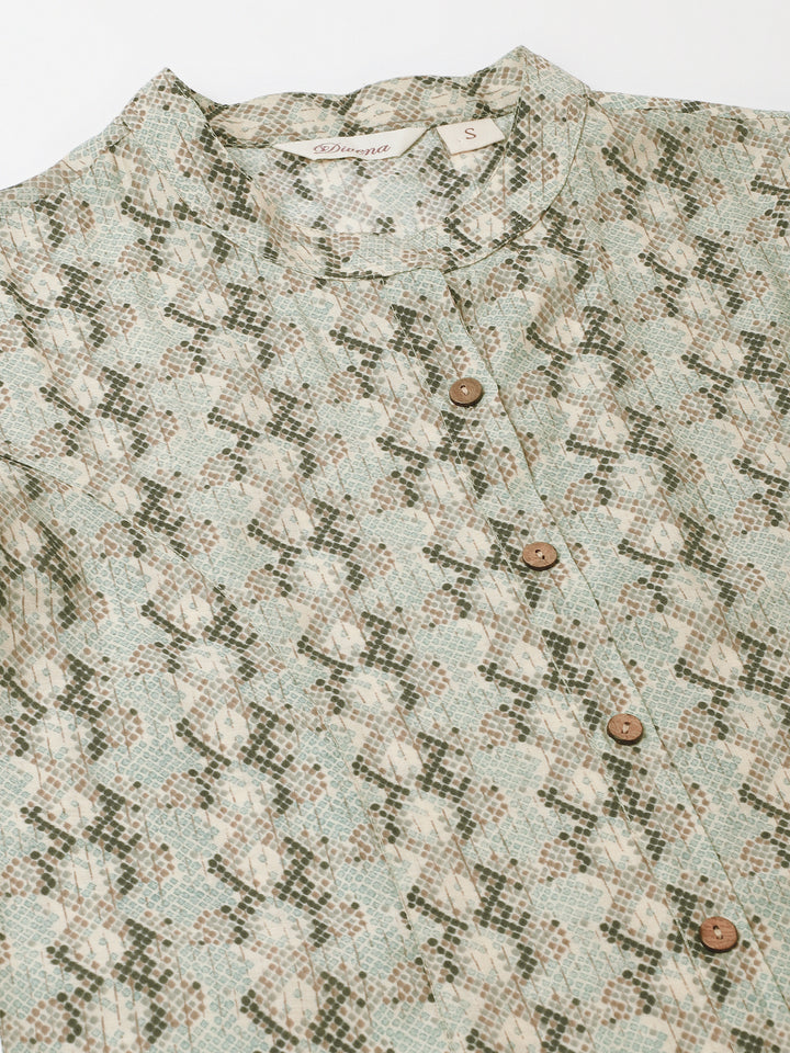 Divena Sea Green Printed  Chanderi Regular Top