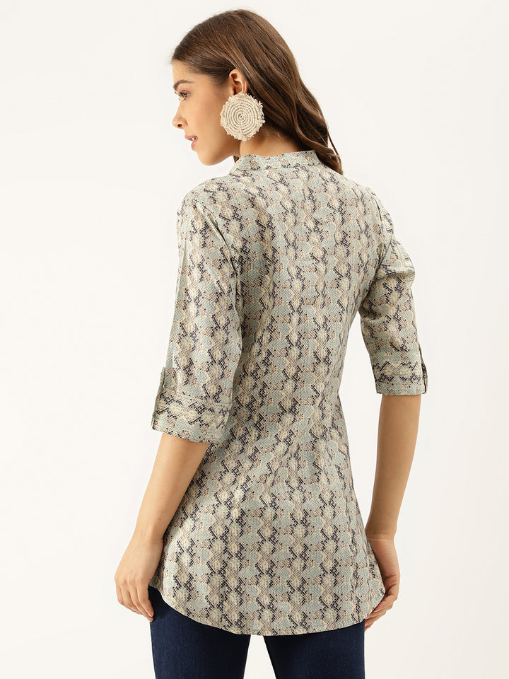 Divena Sea Green Printed  Chanderi Regular Top