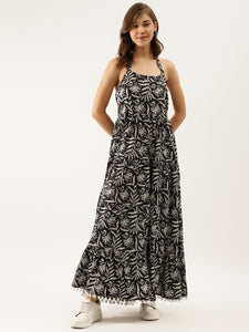 Divena Black Floral Printed Cotton Ethnic Dress for Women