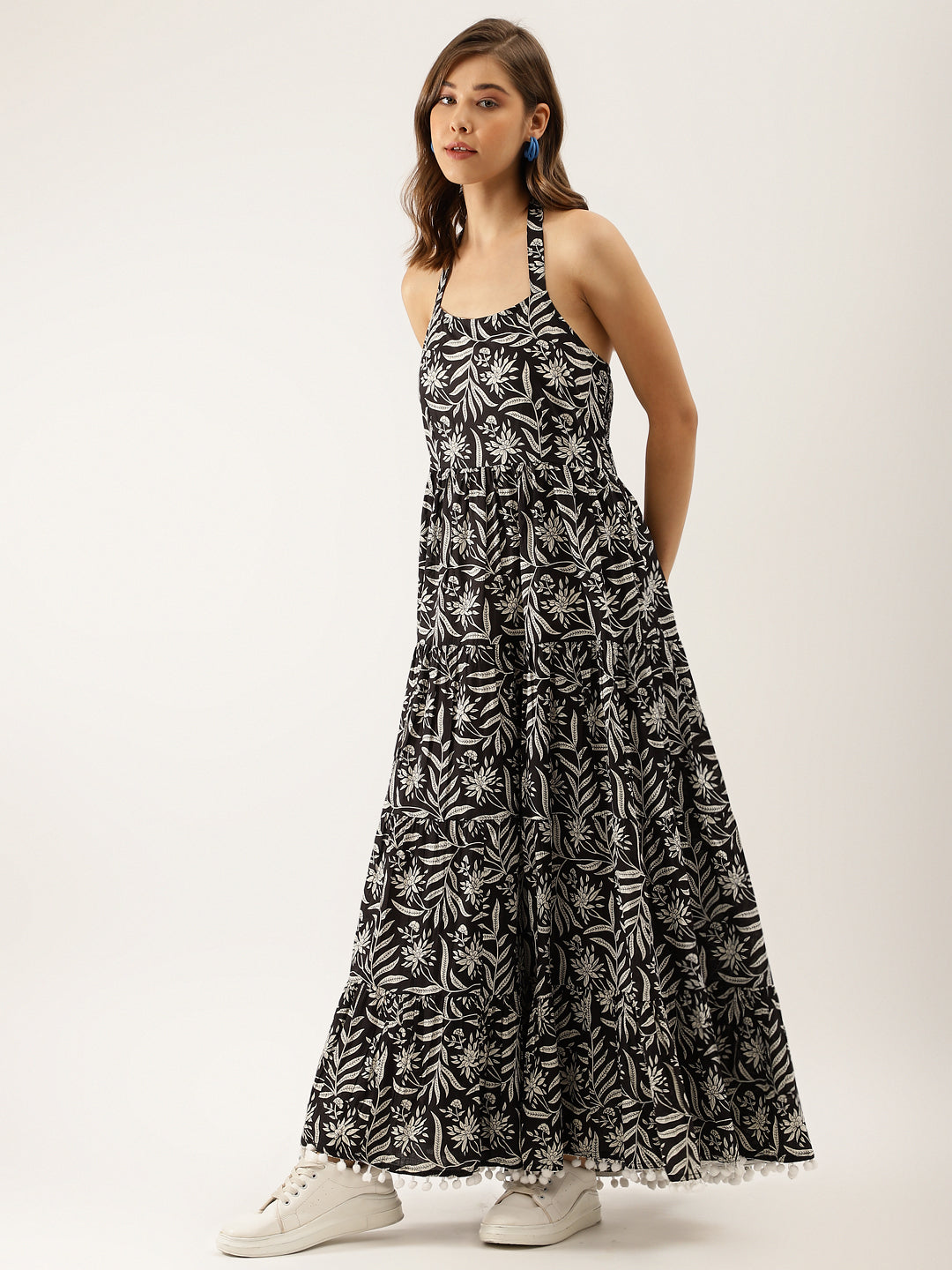 Divena Black Floral Printed Cotton Ethnic Dress for Women
