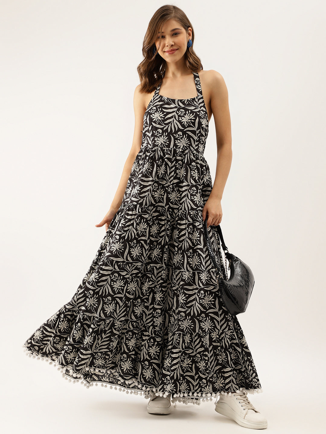 Black Floral Printed Cotton Ethnic Dress for Women — view 1