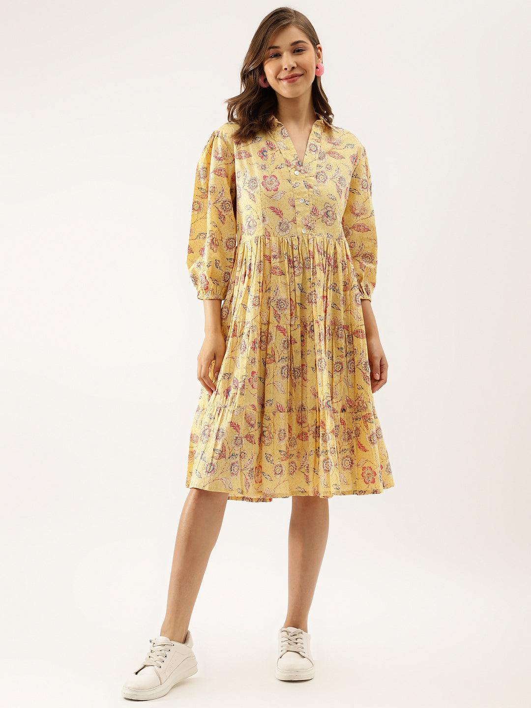 Yellow Floral Printed Cotton Dress for Women — view 1