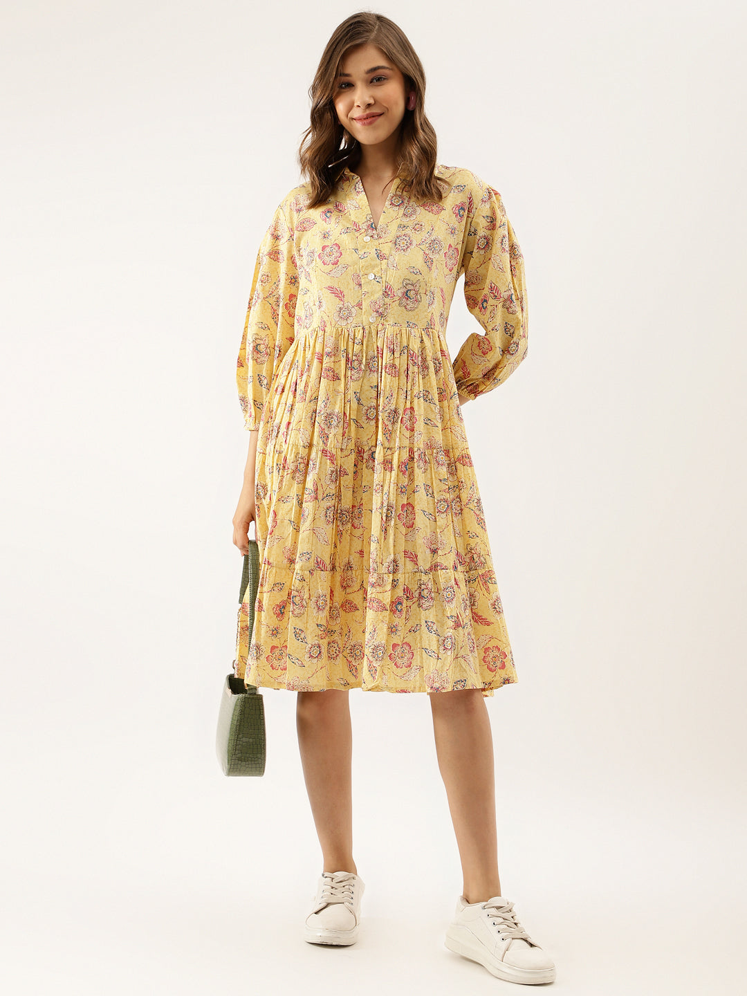 Divena Yellow Floral Printed Cotton Dress for Women